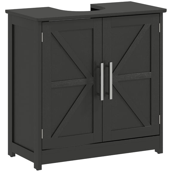 Farmhouse Pedestal Sink Storage Cabinet, Bathroom Sink Cabinet with 2 Barn Doors and Adjustable Shelf, Distressed Black
