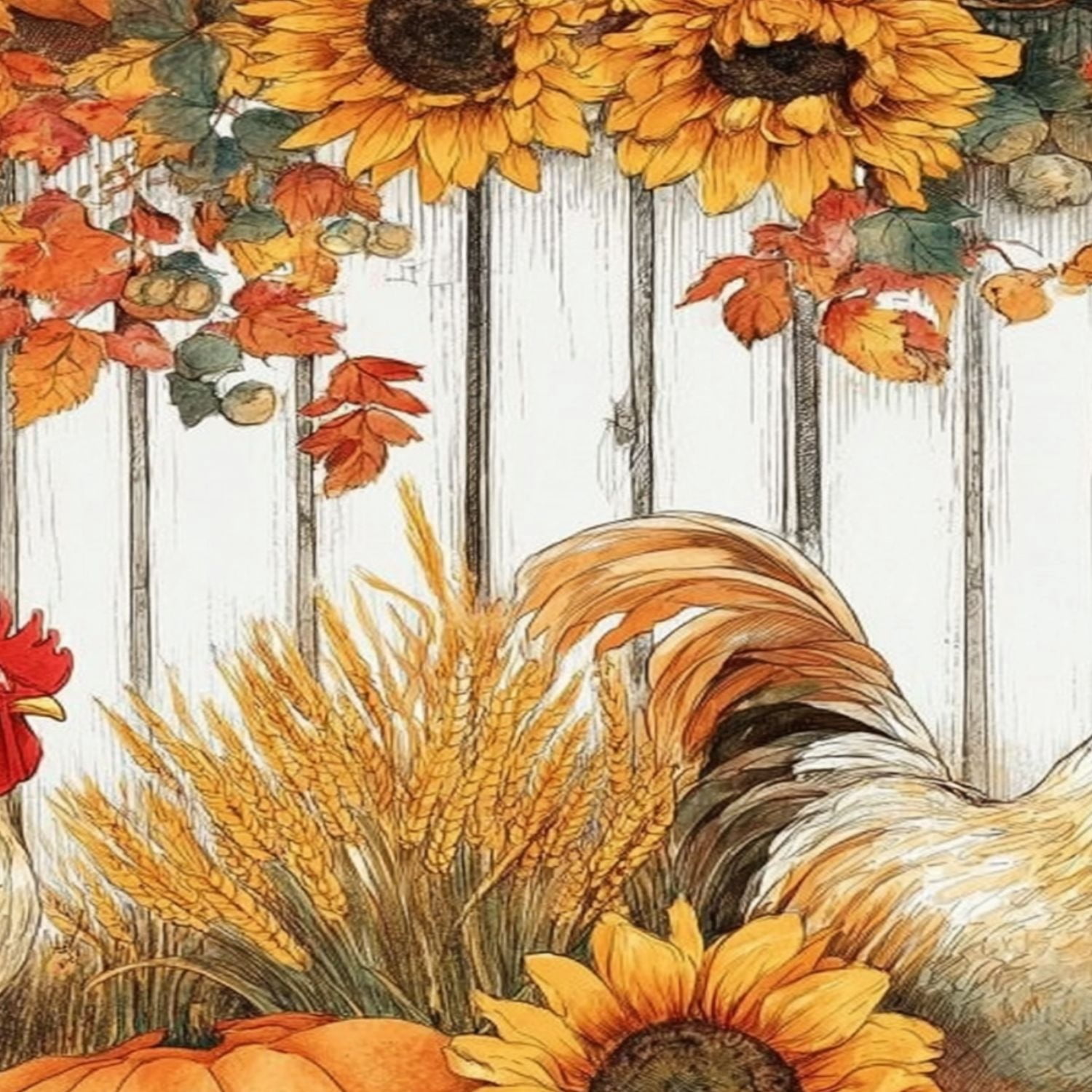 Farmhouse Peel and Stick Wallpaper 17.7in x 9.8ft Autumn Harvest Scene Sunflowers Pumpkins Roosters Fall Contact Paper Vinyl Waterproof Self Adhesive Wall Paper for Bedroom Cabinet Renter Friendly