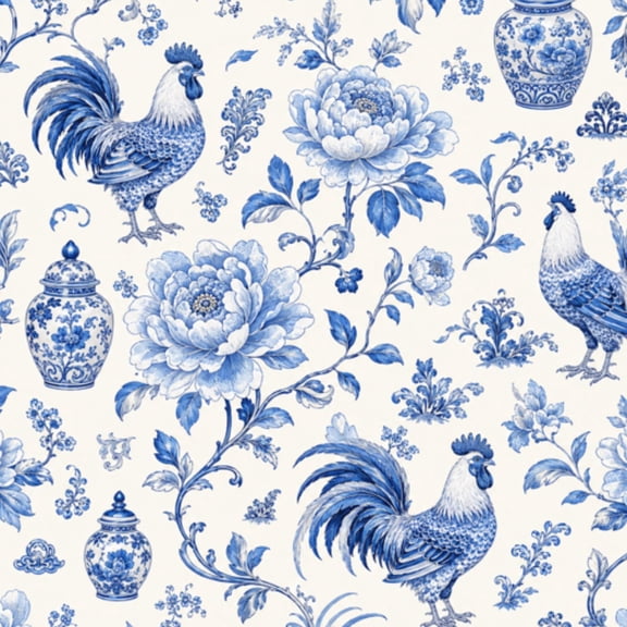 Farmhouse Peel and Stick Wallpaper 17.7in x 9.8ft Blue White Floral Rooster Traditional Chinese Motifs Contact Paper Vinyl Self Adhesive Wall Paper for Bedroom Shelf Cabinet Renter Friendly