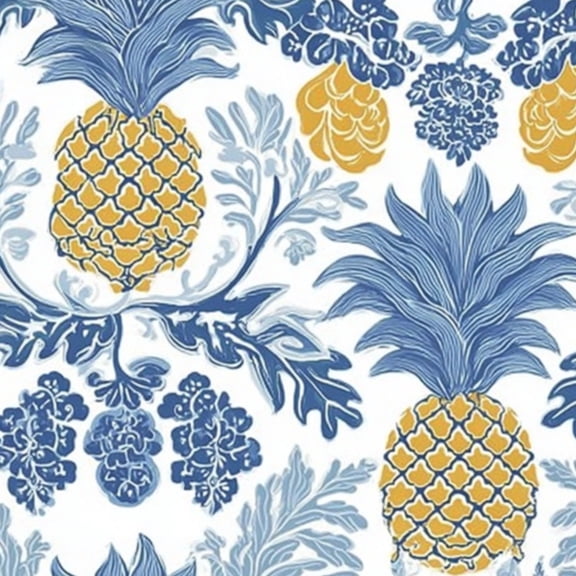 Farmhouse Peel and Stick Wallpaper 17.7in x 9.8ft Blue Yellow Pineapple Damask Tropical Leaves Mural Vinyl Self-Adhesive Removable Wall Paper for Bedroom Kitchen Cabinet Renter Friendly