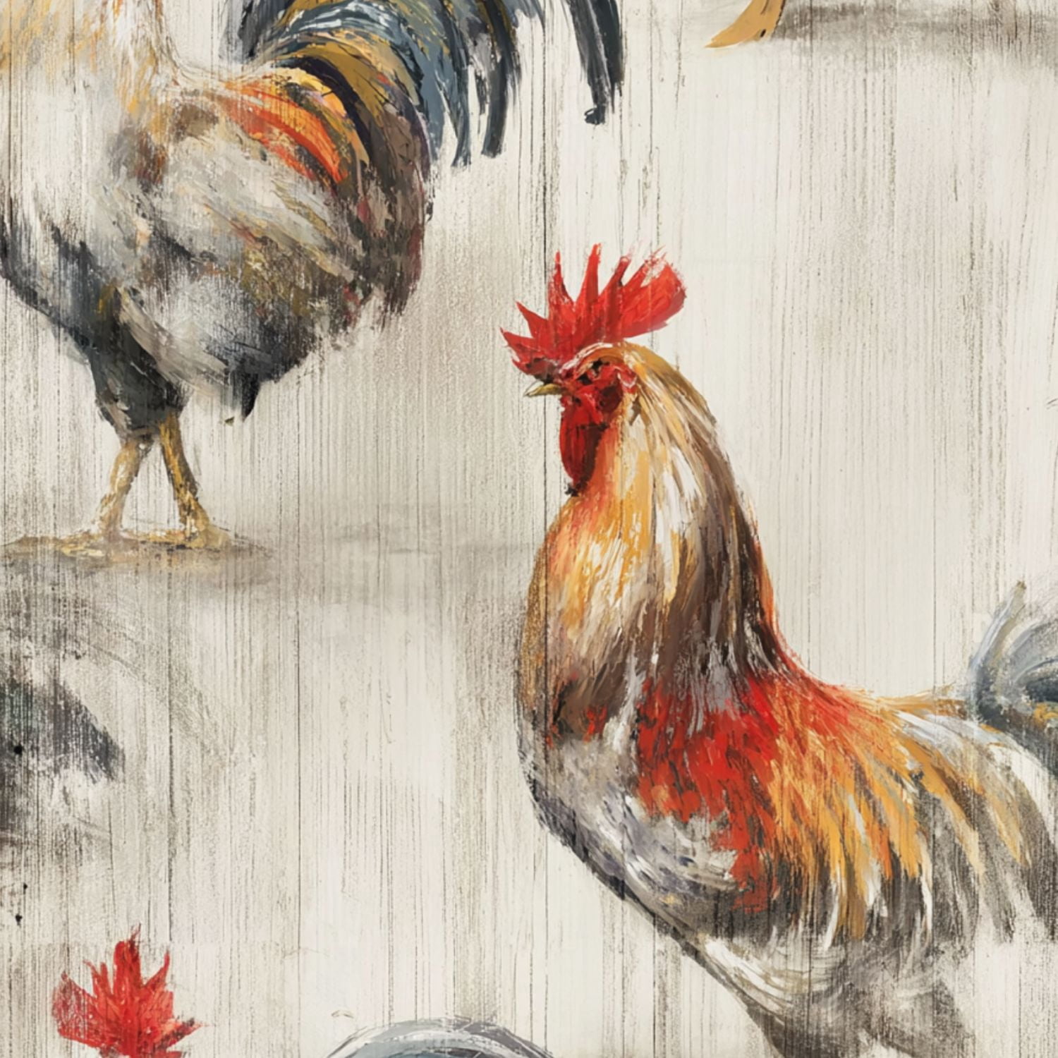Farmhouse Peel and Stick Wallpaper 17.7in x 9.8ft Colorful Roosters Artistic Brushstroke Style Rustic Wood Contact Paper Vinyl Waterproof Self Adhesive Wall Paper for Bedroom Cabinet Renter Friendly