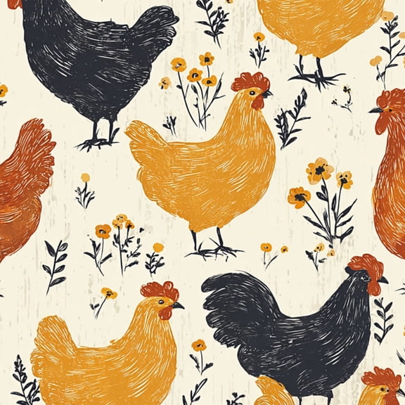 Farmhouse Peel and Stick Wallpaper 23.6in x 9.8ft Whimsical Hen Yellow Black Orange Hens Floral Contact Paper Vinyl Waterproof Self Adhesive Wall Paper for Bedroom Shelf Cabinet Renter Friendly