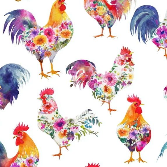 Farmhouse Peel and Stick Wallpaper Colorful Floral Roosters Watercolor Wall Mural 23.6in x 9.8ft Self Adhesive Wall Paper for Cabinets Drawers Bathroom Bedroom Thicken Vinyl Roll