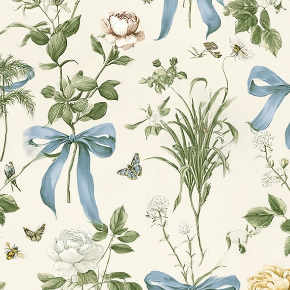 Farmhouse Peel and Stick Wallpaper Floral Blue Bows Butterflies Soft Pastel Tones Wall Mural 17.7in x 9.8ft Self Adhesive Wall Paper for Cabinets Drawers Bathroom Bedroom Thicken Vinyl Roll