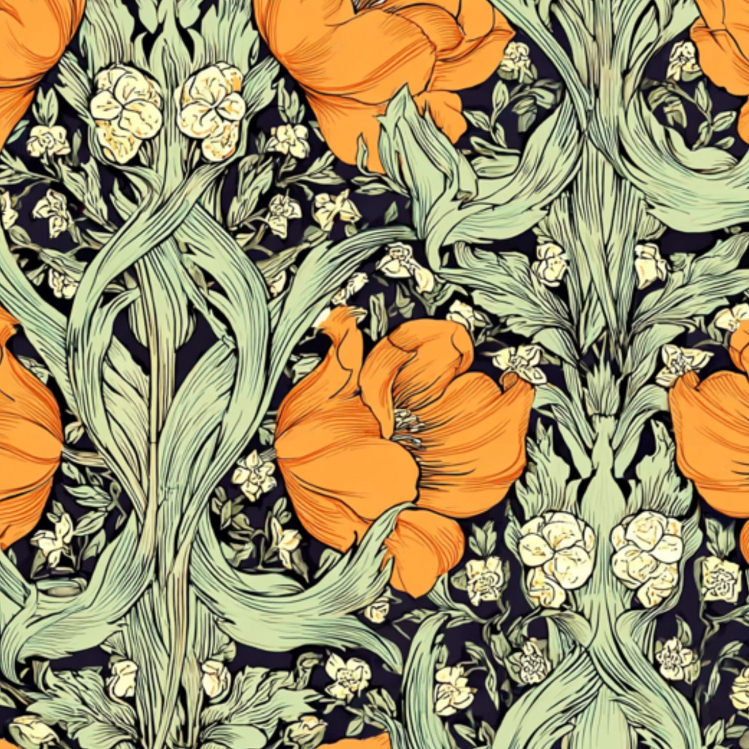 Farmhouse Peel and Stick Wallpaper Vibrant Orange Delicate Flowers Green Leaves Dark Wall Mural 17.7in x 9.8ft Self Adhesive Removable Wall Paper Renter Friendly Wallpaper for Bedroom Cabinets