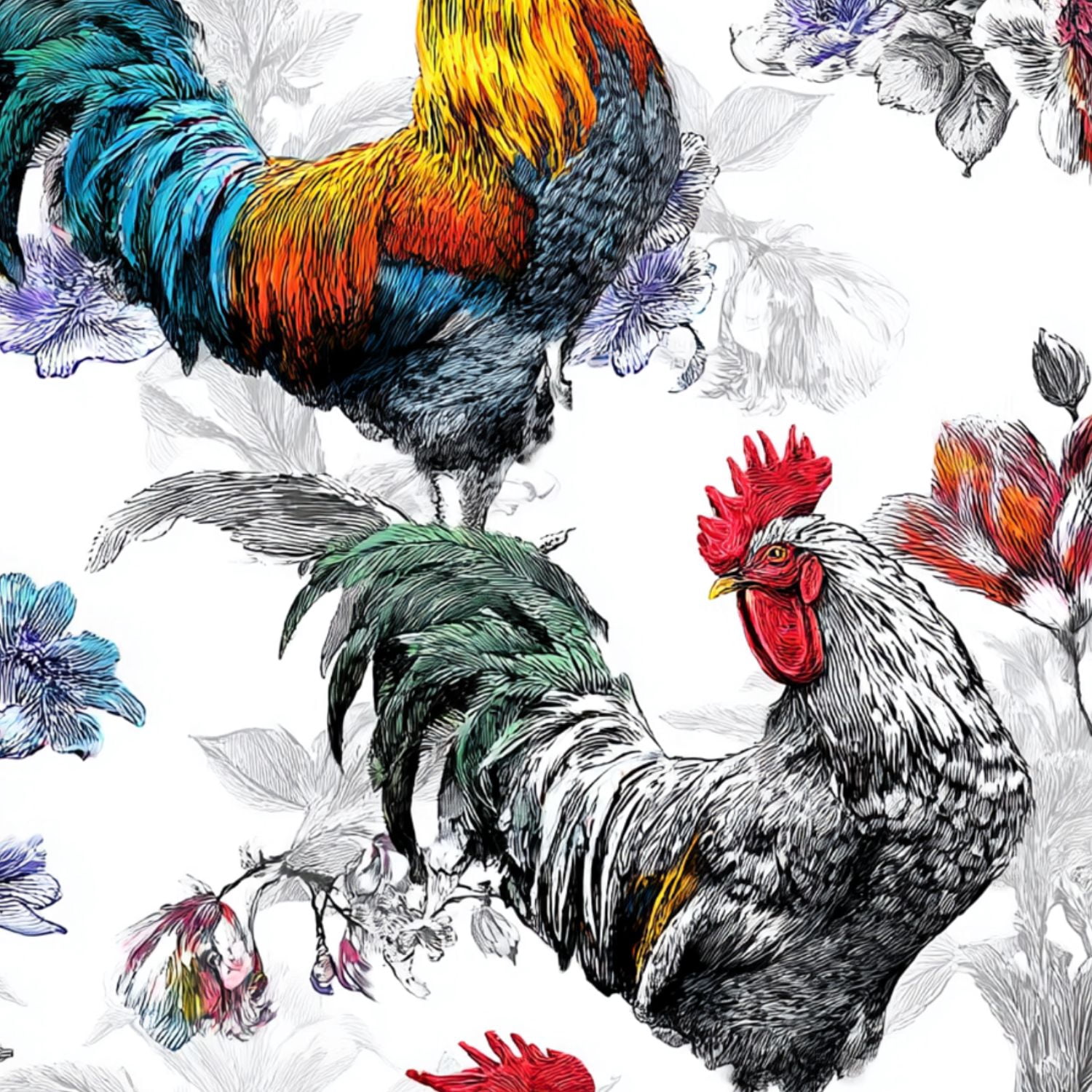 Farmhouse Peel and Stick Wallpaper Vibrant Rooster Colorful Feathers Floral Wall Mural 23.6in x 9.8ft Self Adhesive Wall Paper for Cabinets Drawers Bathroom Bedroom Thicken Vinyl Roll