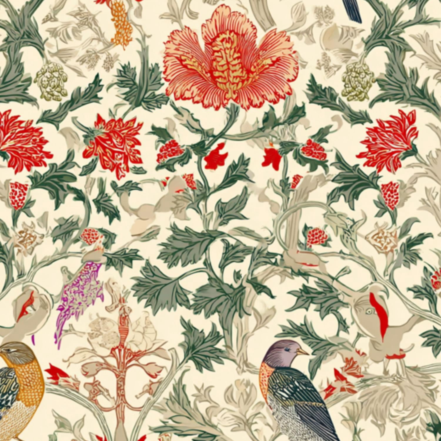 Farmhouse Peel and Stick Wallpaper Vintage Botanical Birds Red Flowers Arts Crafts Wall Mural 23.6in x 9.8ft Self Adhesive Removable Wall Paper Renter Friendly Wallpaper for Bedroom Cabinets