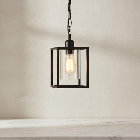 Farmhouse Pendant Light, Black Metal Frame Hanging Light Fixture with Clear Glass Shade Chandelier, Adjustable Chains Industrial Mini Pendant Lighting