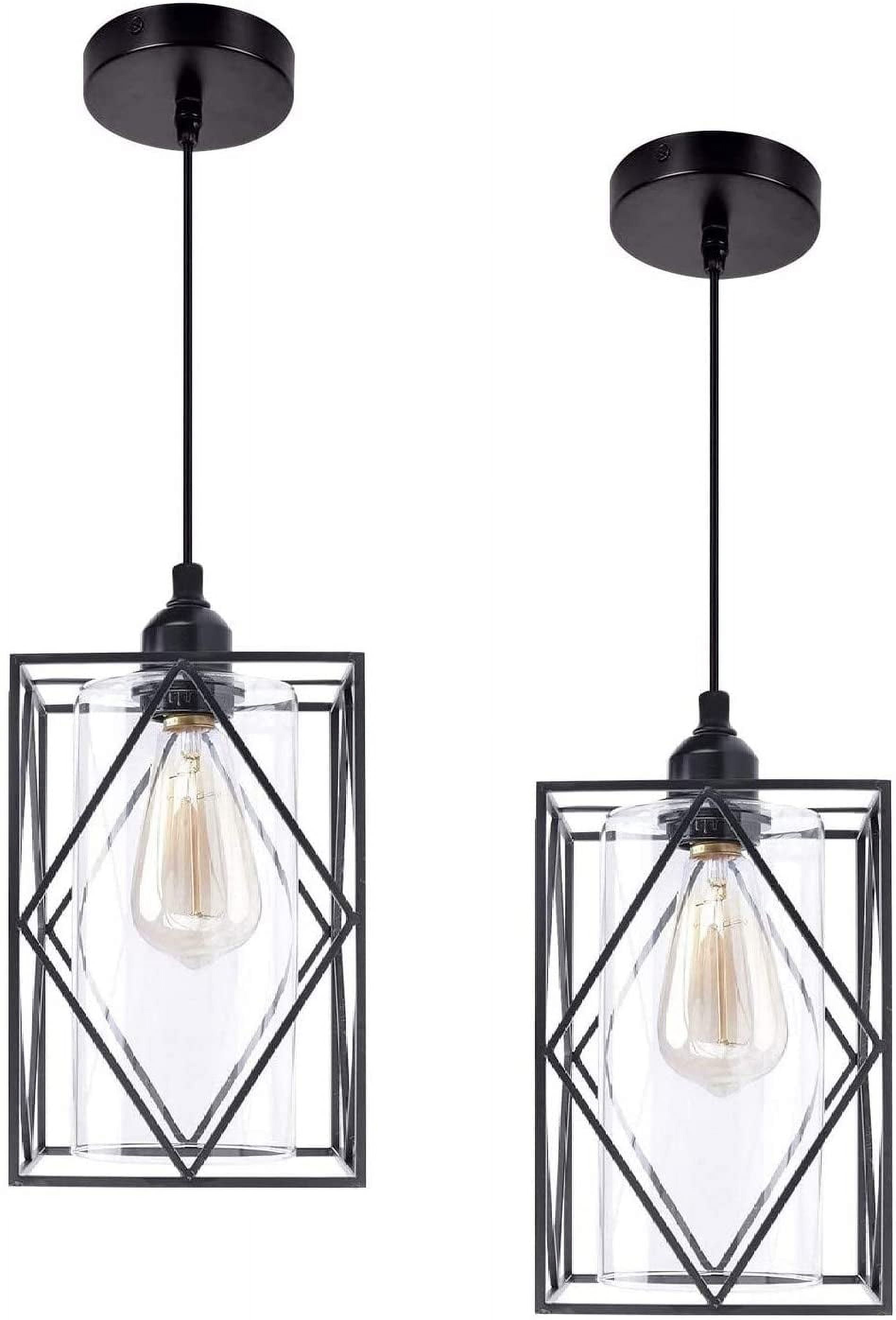 Farmhouse Pendant Light Fixtures, Set of 2 Black Farmhouse Hanging Chandelier Lights with Glass Shade, Mini Industrial Ceiling Lamp for Kitchen Island Dining Room Over Sink Hallway Bedroom
