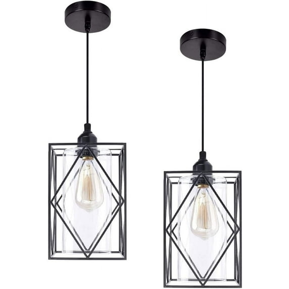Farmhouse Pendant Light Fixtures, Set of 2 Black Farmhouse Hanging Chandelier Lights with Glass Shade, Mini Industrial Ceiling Lamp for Kitchen Island Dining Room Over Sink Hallway Bedroom