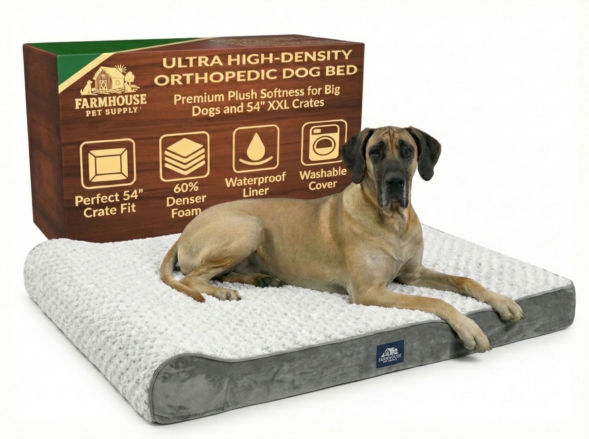 Farmhouse Pet Supply XXL Dog Bed That Won't Go Flat, 51x33in, Fits 54" Crate, Orthopedic