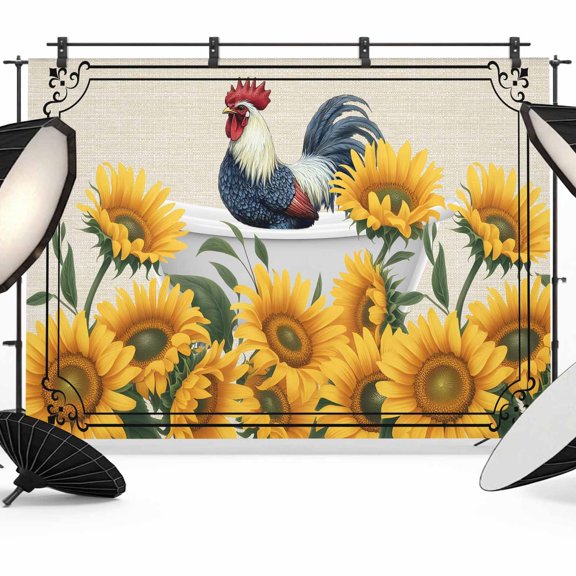 Farmhouse Photography Backdrop 7x5FT, Chicken in Bathtub Sunflowers Retro Border Linen Photo Backdrops, Background for Photography Studio Photo Studio Background, Back Drop for Photoshoot