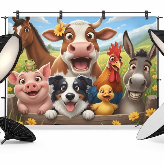 Farmhouse Photography Backdrop 7x5FT, Funny Cow Horse Pig Face Cute Dog Duck Chicken Donkey Photo Backdrops, Background for Photography Studio Photo Studio Background, Back Drop for Photoshoot