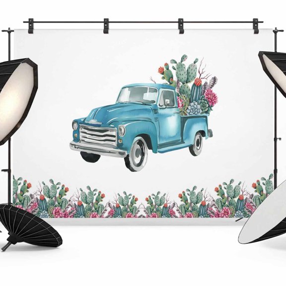 Farmhouse Photography Backdrop 7x5FT, Summer Blue Car with Cactus Succulents Rustic Photo Backdrops, Background for Photography Studio Photo Studio Background, Back Drop for Photoshoot