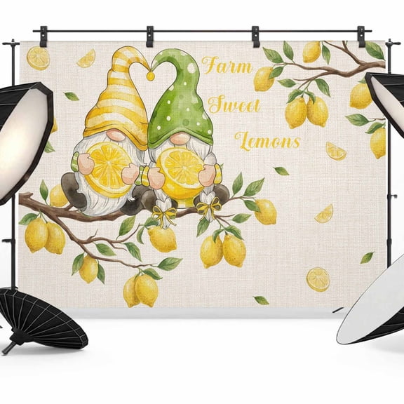 Farmhouse Photography Backdrop 8x6FT, Summer Yellow Green Lemon Gnomes Branches Linen Photo Backdrops, Background for Photography Studio Photo Studio Background, Back Drop for Photoshoot