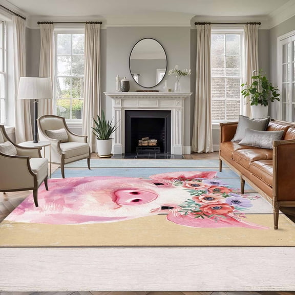 Farmhouse Pig 6'x9' Area Rug for Living Room, Spring Floral Farm Animal Wooden Washable Non-Slip Floor Mat Rugs for Bedroom Dining Room, Indoor Large Carpet for Classroom, Nursery Rugs for Playroom