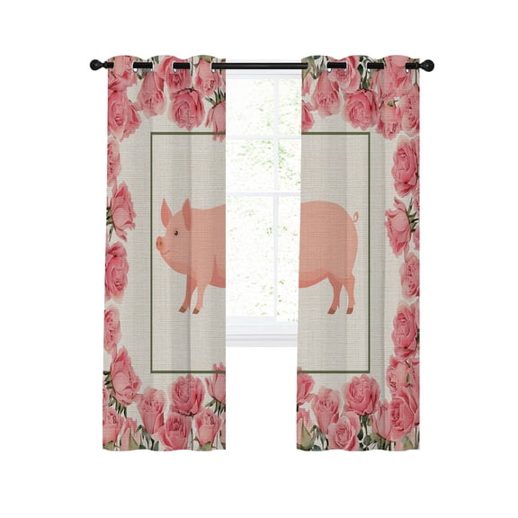 Farmhouse Pig Blackout Curtains for Bedroom Living Room, Pink Rose Wreath Rustic Country Beige Linen Texture 45 In Long Thermal Insulated Room Darkening Drapes Grommet Window Treatments, 42 x 45 In