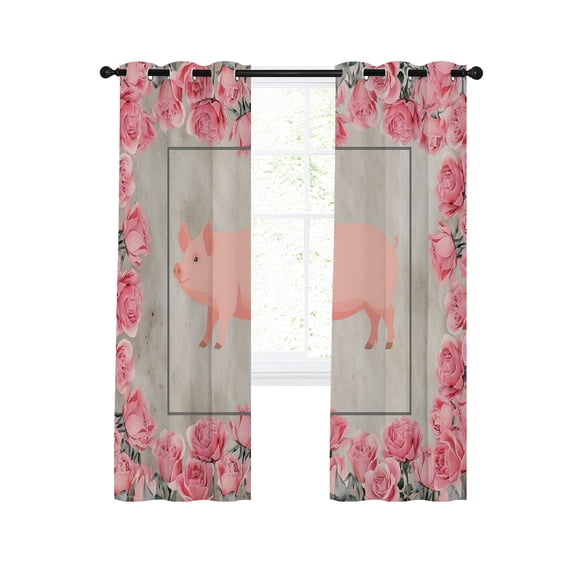 Farmhouse Pig Blackout Curtains for Bedroom Living Room, Pink Rose Wreath Rustic Country Beige Marble Texture 96 In Long Thermal Insulated Room Darkening Drapes Grommet Window Treatments, 52 x 96 In