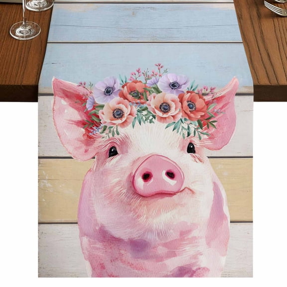 Farmhouse Pig Burlap Cotton Table Runner 13x36 Inches Short, Spring Floral Farm Animal Wooden Farmhouse Table Runners, Outdoor Dining Tablecloths Decor for Baby Shower/Party/Wedding