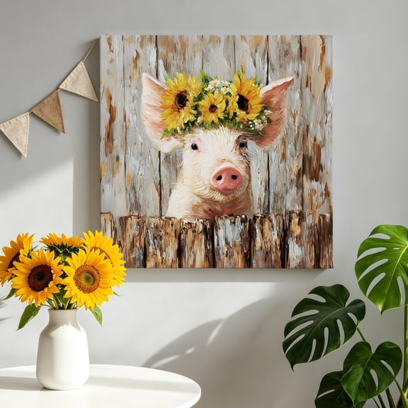 Farmhouse Pig Canvas Wall Art, Cute Animal Sunflower Rustic Farm Wood Grain Oil Painting Pictures Wall Decor Wooden Framed Artwork Art Prints for Living Room Hallway Bedroom Office 8"x8"