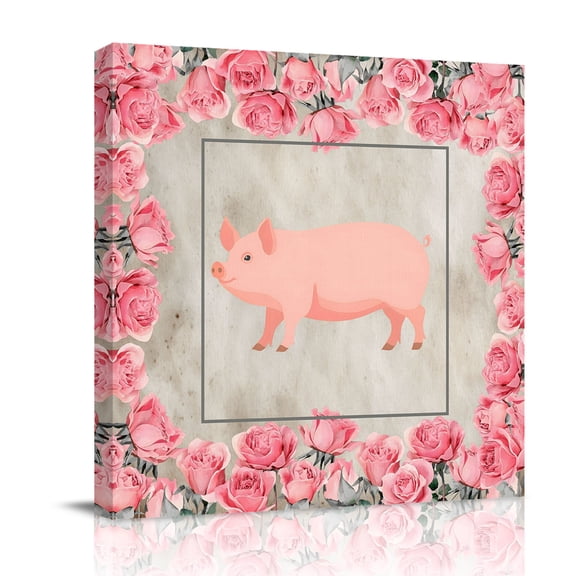 Farmhouse Pig Canvas Wall Art for Living Room, Pink Rose Wreath Rustic Country Beige Marble Texture Poster Print Painting for Bedroom Office Home Decoration Wall Pictures Prepare To Hang 8"x8"