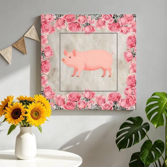 Farmhouse Pig Canvas Wall Art, Pink Rose Wreath Rustic Country Beige Marble Texture Framed Canvas Wall Decor Picture Print Artwork Decorations for Living Room Office Ready to Hang 8" x 8"
