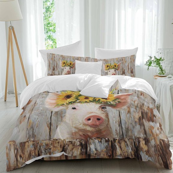 Farmhouse Pig Comforter Set Queen Size, Cute Animal Sunflower Rustic Farm Wood Grain Oil Painting Soft Bedding Set for Man Woman, 4 Pieces Duvet Cover Set with Fitted Sheet, 2 Pillowcases