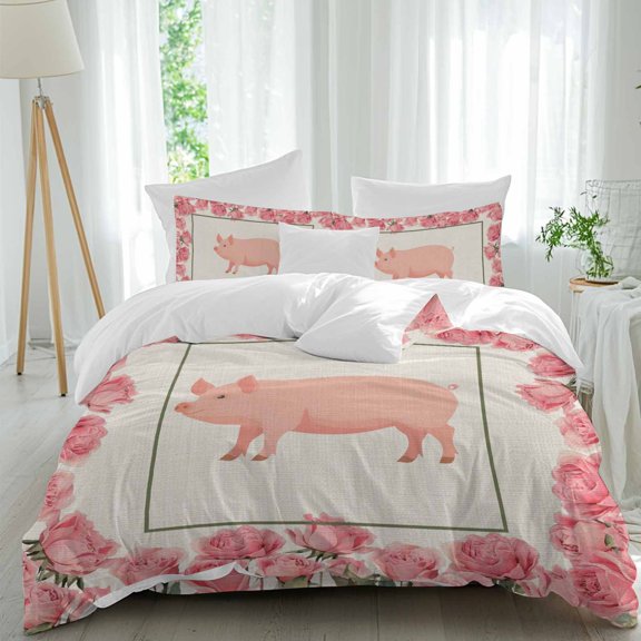 Farmhouse Pig Comforter Set Queen Size, Pink Rose Wreath Rustic Country Beige Linen Texture Soft Bedding Set for Man Woman, 4 Pieces Duvet Cover Set with Fitted Sheet, 2 Pillowcases