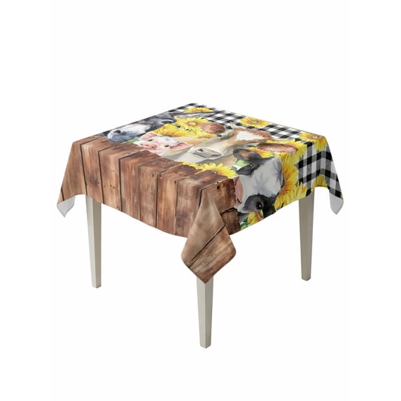 Farmhouse Pig Cow Wooden Table Cloth, Waterproof Tablecloth for Square Tables, Black White Buffalo Plaid Reusable Washable Fabric Table Cover for Restaurant Kitchen Dining Tables 54"x54"