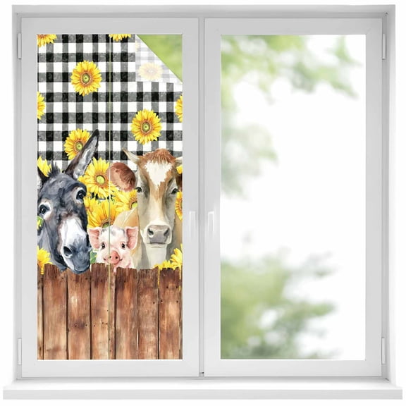 Farmhouse Pig Cow Wooden Window Privacy Film, Black White Buffalo Plaid Static Cling UV Sun Blocking Heat Control Window Tint Day and Night, Non-Adhesive One Way Windows Privacy Cover 19.6''x39.3''