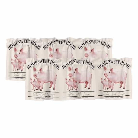 Farmhouse Pig Curtain Valances for Windows, Kitchen Valance Window Treatments Panel 2 Pack, Watercolor Cute Animals Retro Art Rod Pocket Short Curtains for Bathroom Bedroom 42 x 18 Inch