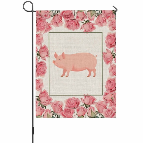 Farmhouse Pig Garden Flag 12 x 18 Inches, Pink Rose Wreath Rustic Country Beige Linen Texture Weather Proof Outdoor Patio Flags Double Sided Small Garden Decoration for Yard Outside Home