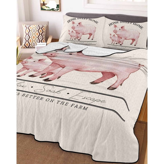 Farmhouse Pig King Size Down Alternative Comforter, Lightweight Comforter Quilt Bedding Set with Pillow Shams Watercolor Cute Animals Retro Art All Seasons Bed Comforter Duvet Insert 96"x106"