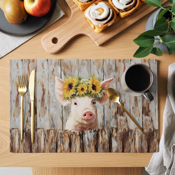Farmhouse Pig Placemats Set of 2, Cute Animal Sunflower Rustic Farm Wood Grain Oil Painting Heat Insulated Linen Place Mats, Washable Stain-Proof Table Mats for Dining Tables Holiday Decor 13x19 Inch