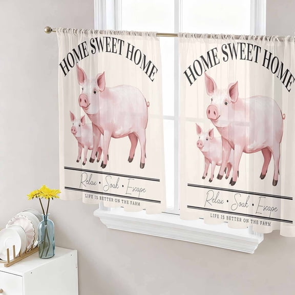 Farmhouse Pig Sheer Curtains 45 Inches Length 2 Panels Set, Window Sheer Curtains for Living Room/Bedroom, Watercolor Cute Animals Retro Art Light Filtering Rod Pocket Curtain 52''x45''x2