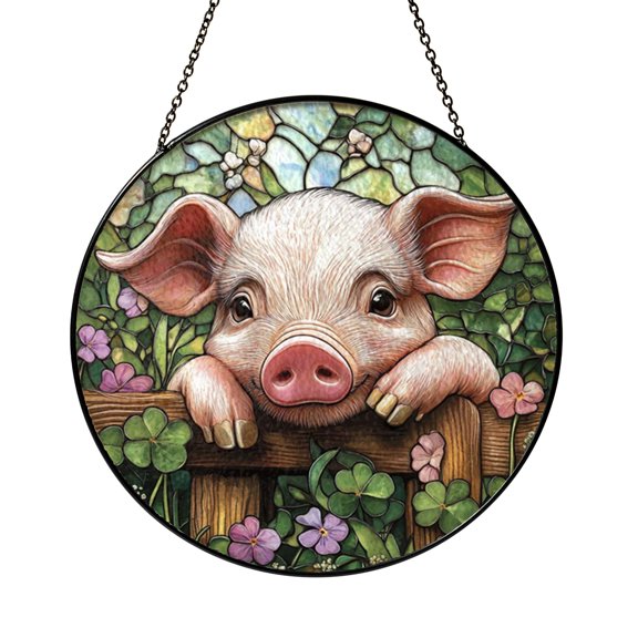 Farmhouse Pig Stained Glass Style Suncatcher, Decorative Animal Window Hanging Art Panel, Country Home Accent Gift