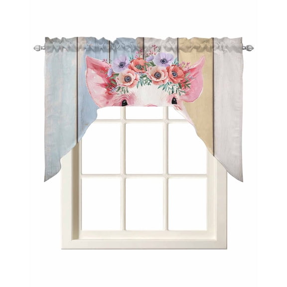 Farmhouse Pig Swag Valances for Windows, Small Curtains Drapes, Spring Floral Farm Animal Wooden Kitchen Window Curtains Over Sink Rod Pocket Window Treatment Valance for Bedroom/Bathroom 56"x36"