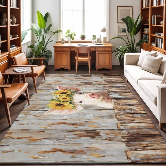 Farmhouse Pig Washable Area Rug 9 x 12 ft Cute Animal Sunflower Rustic Farm Wood Grain Oil Painting, Soft Non Slip Rugs Stain Repellent Indoor Felt Carpet for Living Dining Room Bedroom Home Office