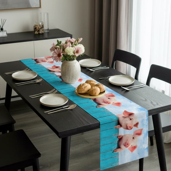 Farmhouse Pig Wood Board Table Runner 36 Inches Long,Kitchen Dining Tablerunners Farm Animal Pattern Blue Sky White Cloud Linen Table Runners Dresser Scarves for Home Dinner Wedding Holiday Party