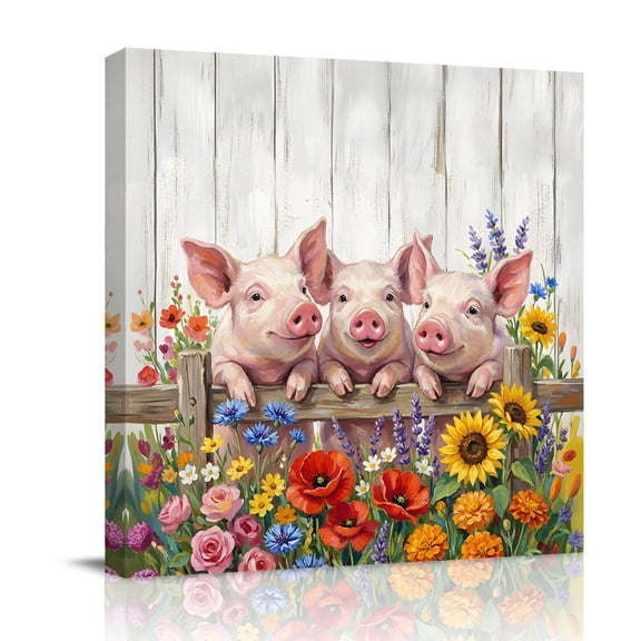 Farmhouse Pigs Canvas Wall Art for Living Room, Retro Colored Floral Pigs Wood Grain Poster Print Painting for Bedroom Office Home Decoration Wall Pictures Prepare To Hang 10"x10"