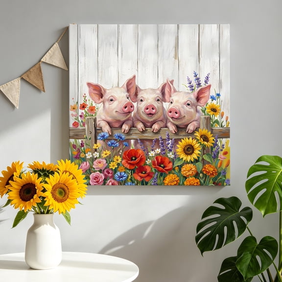 Farmhouse Pigs Canvas Wall Art, Retro Colored Floral Pigs Wood Grain Framed Canvas Wall Decor Picture Print Artwork Decorations for Living Room Office Ready to Hang 8" x 8"