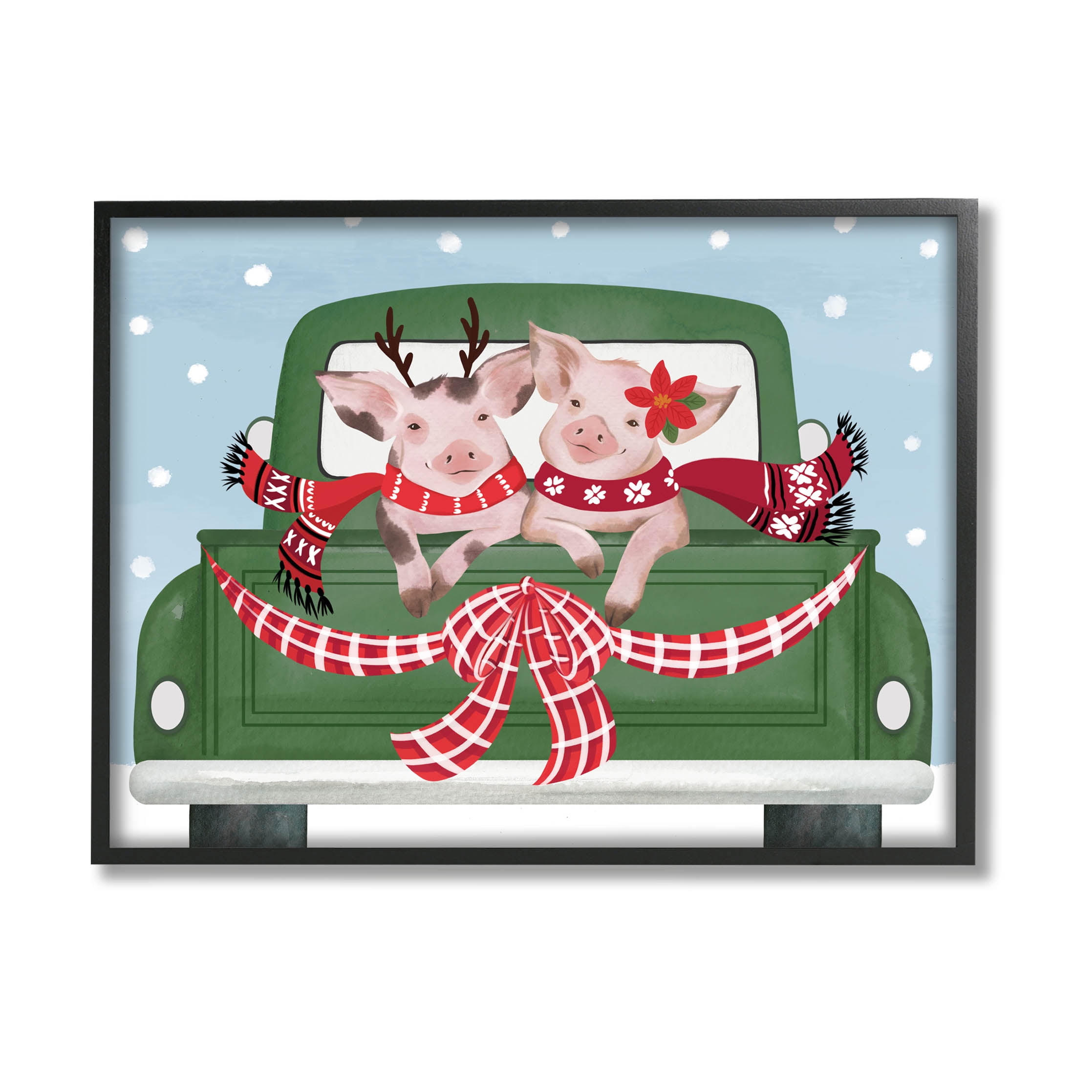 Farmhouse Pigs Green Holiday Truck Holiday Graphic Art Black Framed Art Print Wall Art