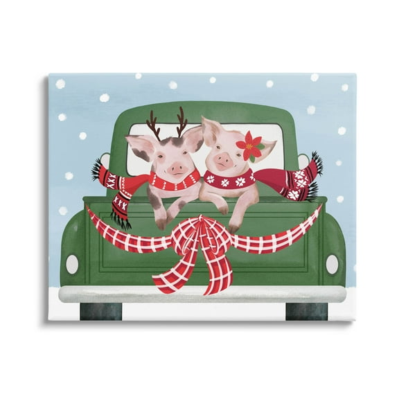 Farmhouse Pigs Green Holiday Truck Holiday Graphic Art Gallery Wrapped Canvas Print Wall Art