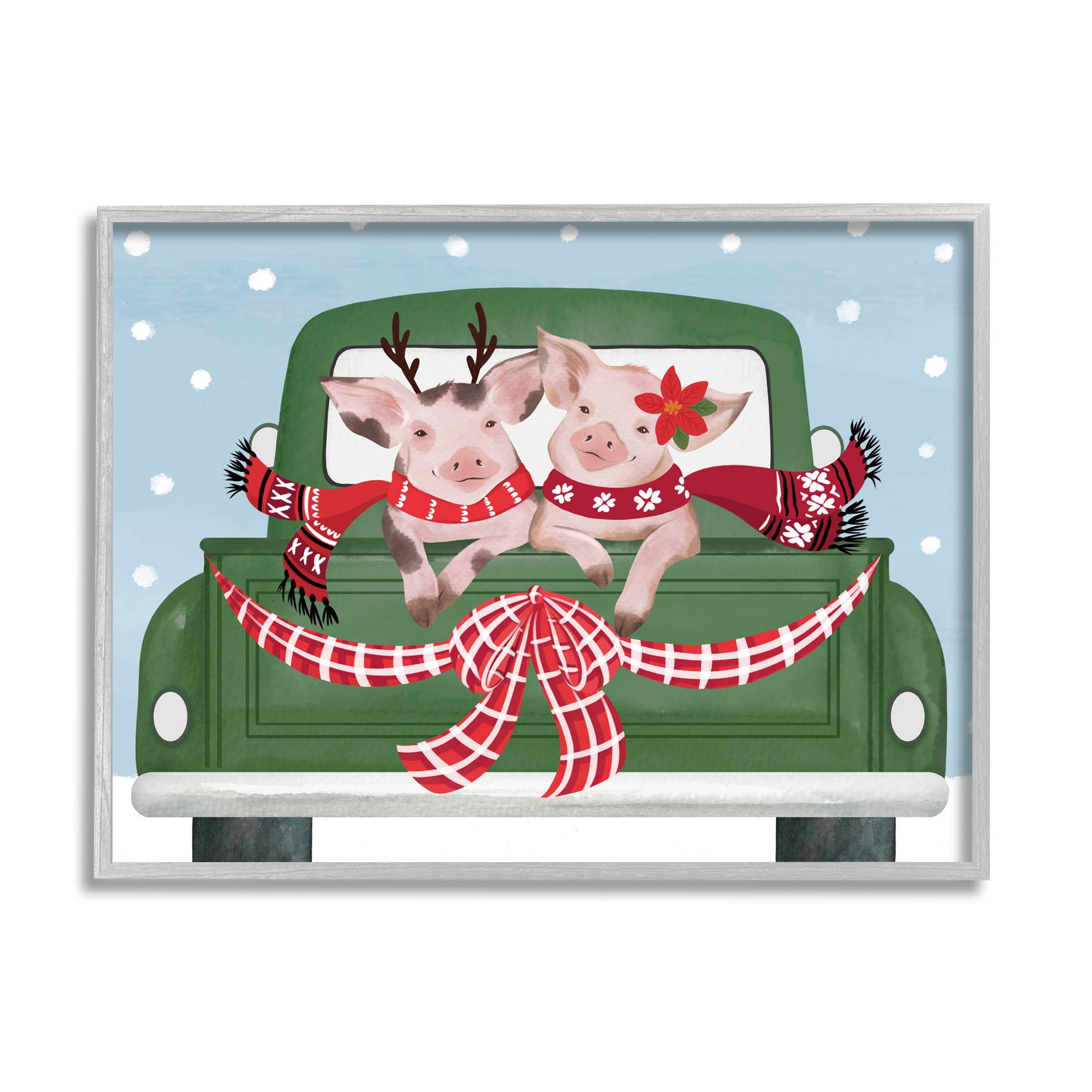 Farmhouse Pigs Green Holiday Truck Holiday Graphic Art Gray Framed Art Print Wall Art