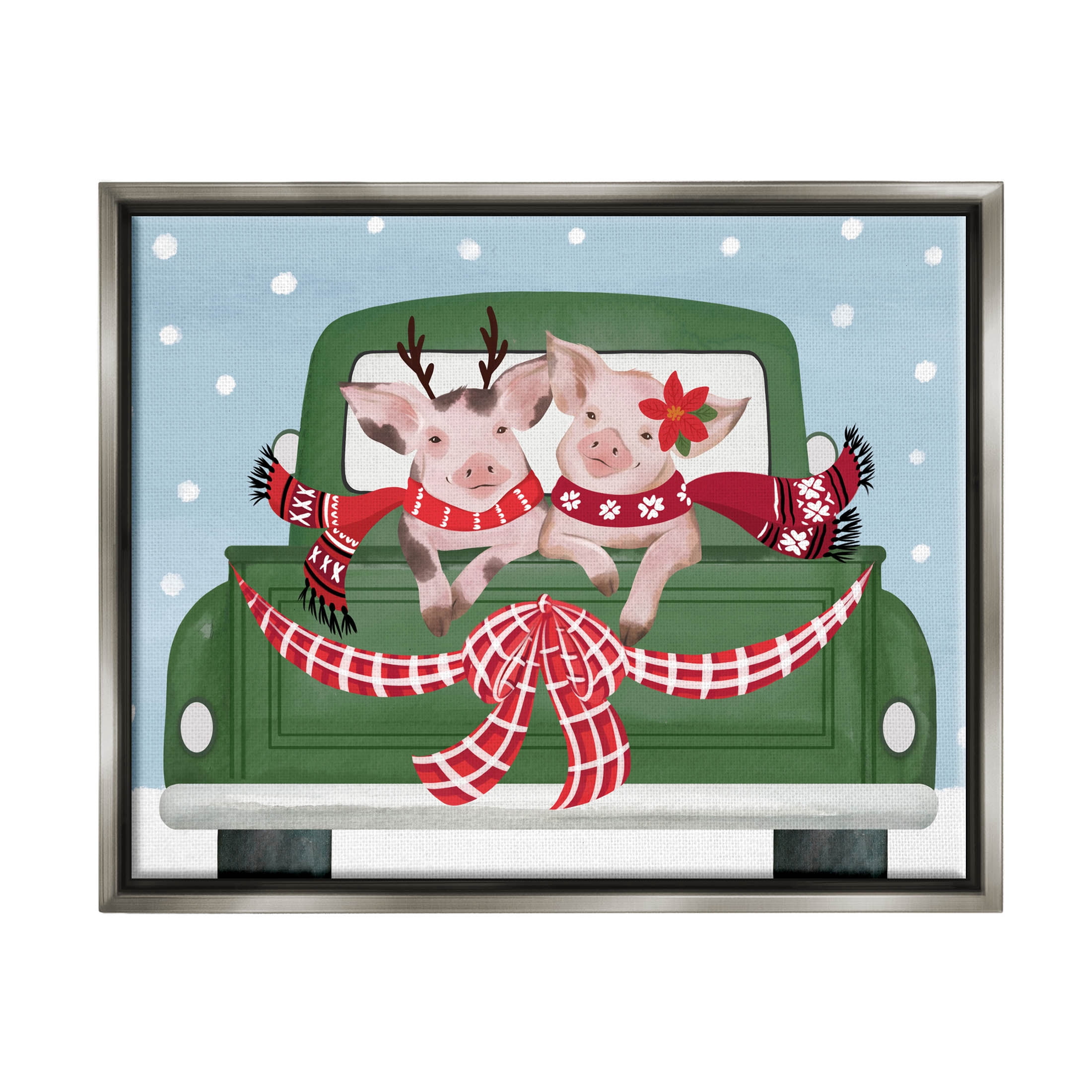 Farmhouse Pigs Green Holiday Truck Holiday Graphic Art Luster Gray Framed Art Print Wall Art
