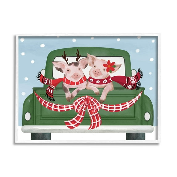 Farmhouse Pigs Green Holiday Truck Holiday Graphic Art White Framed Art Print Wall Art