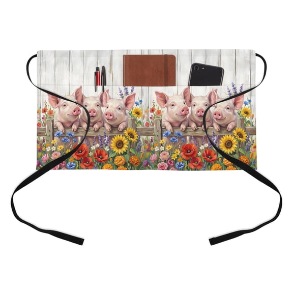Farmhouse Pigs Kitchen Restaurant Half Waist Apron, Retro Colored Floral Pigs Wood Grain Server Short Apron with 3 Pockets Waterproof Oil Waist Aprons for Women Waitress Waiter