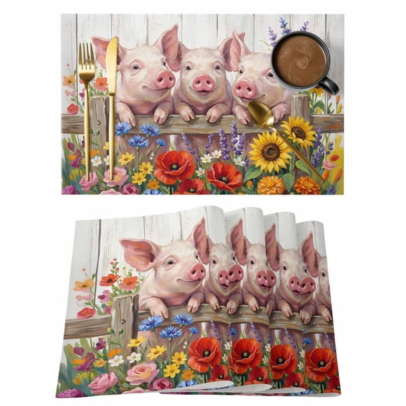 Farmhouse Pigs Placemats Set of 1, Retro Colored Floral Pigs Wood Grain Non-Slip Place Mats Washable Table Mats for Kitchen Dining Table Decorations Indoor/Outdoor