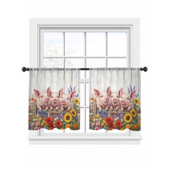 Farmhouse Pigs Sheer Curtains 2 Panels Set Retro Colored Floral Pigs Wood Grain Sheer Window Curtains Light Filtering Rod Pocket Voile Drapes for Bedroom Living Room 52"x45"