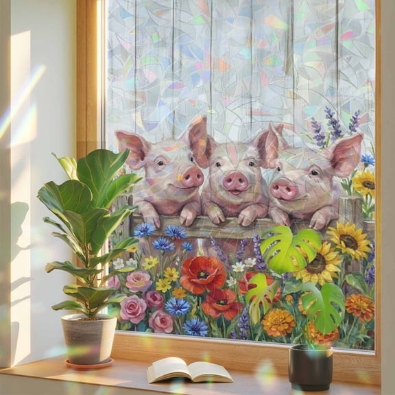 Farmhouse Pigs Window Privacy Film, Retro Colored Floral Pigs Wood Grain Stained Glass Rainbow Film Decorative Window Clings, Static Cling Sun Blocking Stickers 23.6" x 59"